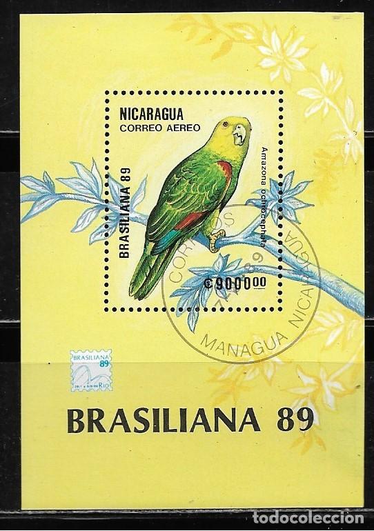 Sellos: NICARAGUA 1989, HOJA BLOQUE Ivert 190 - FAUNA - P&Aacute;JAROS -BRASILIANA, SELLADA.