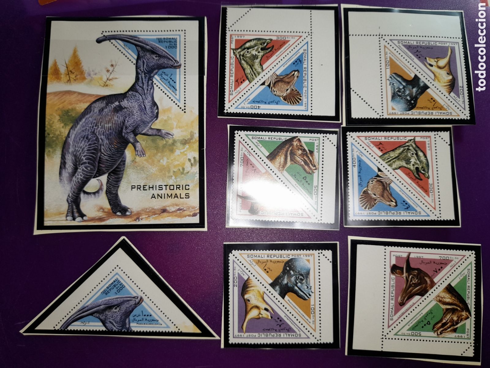 Sellos: HB + Sello Somalia 1997. Animales prehist&oacute;ricos. Fauna jur&iacute;dica. Naturaleza. Dinosaurios.