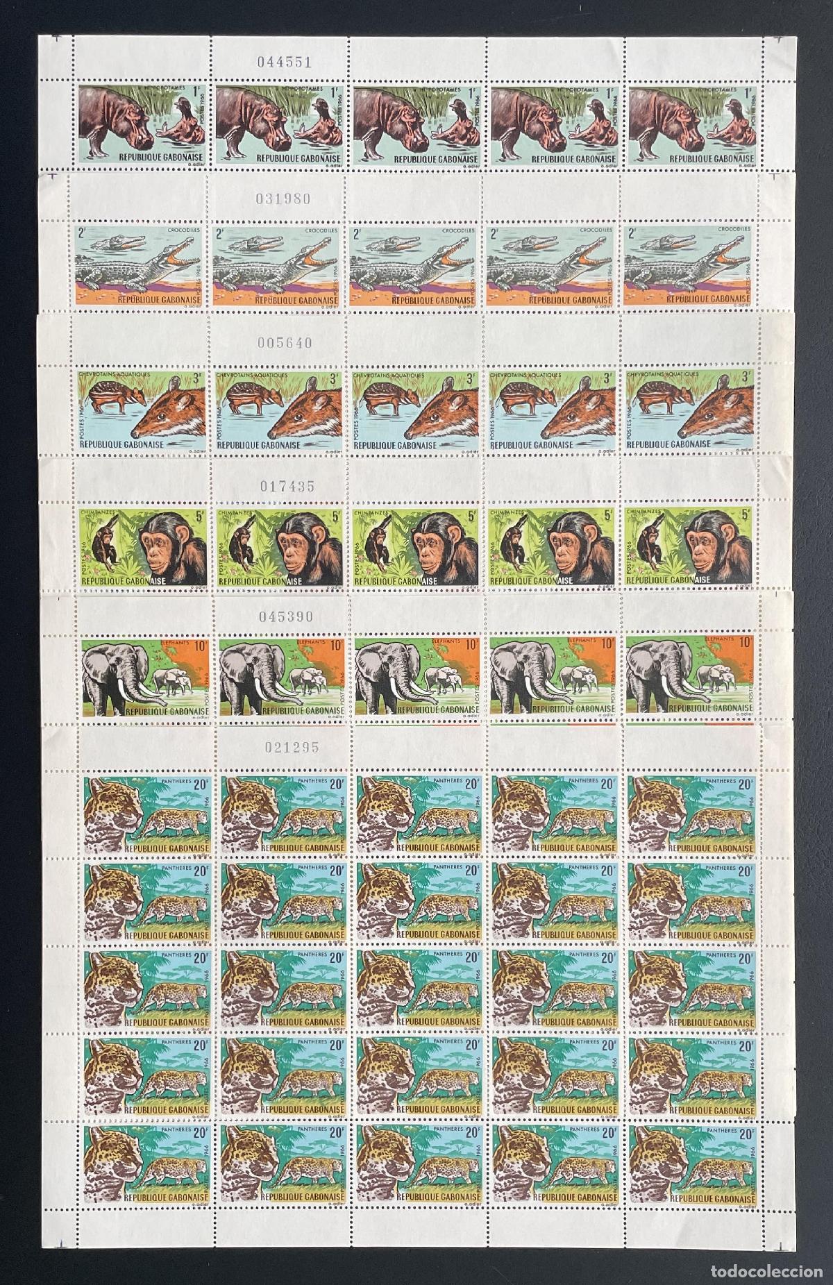 Sellos: Gab&oacute;n 1967 YT 202-207 bloque fauna hipop&oacute;tamo cocodrilo pantera elefante