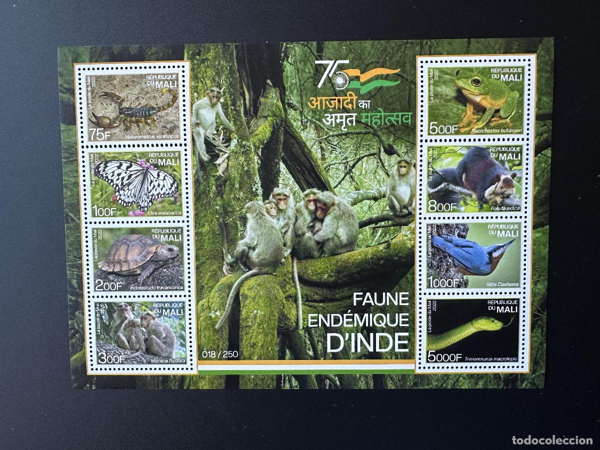 Sellos: Mali de mayo 2022. &iquest;Bl.? Fauna end&eacute;mica: India tortuga p&aacute;jaro rana mariposa.