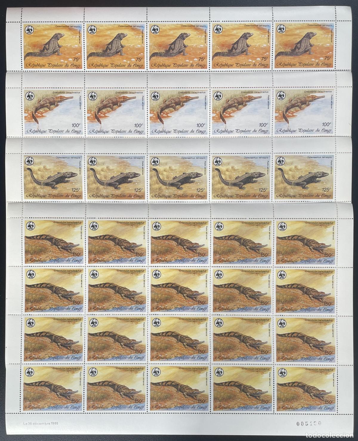 Sellos: Congo 1987 YT PA 361-364 tabl&oacute;n WWF cocodrilos Osteolaemus fauna reptiles