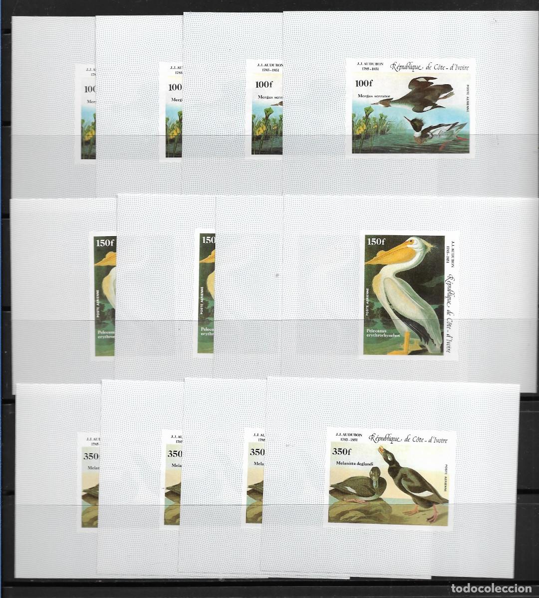 Sellos: COSTA DE MARFIL 1985, LOTE DE 4 PRUEBAS SIN DENTAR Mi. 853/56 -J.J.AUDUBON - FAUNA PATOS. MNH.