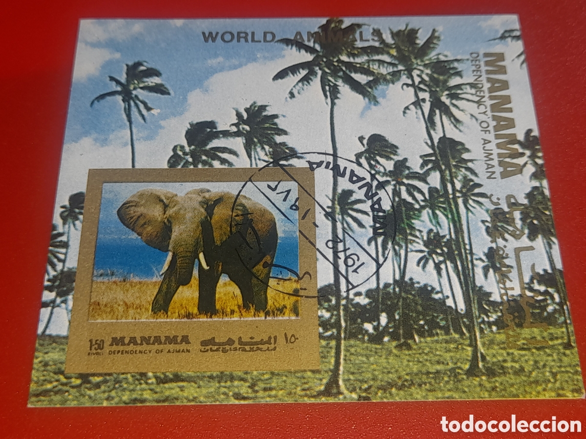 Sellos: HB Manama (E.A.U) mtdo 1972. Animales. Fuana. Elefante. Mam&iacute;fero. Palmeras. &Aacute;rboles. Naturaleza