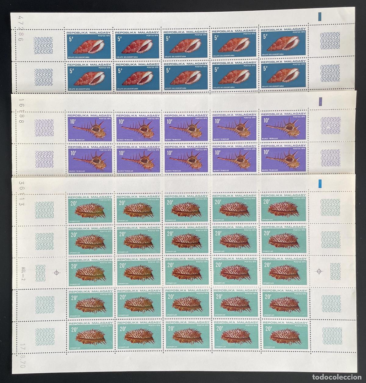 Sellos: Madagascar 1970 YT 477-479 tabl&oacute;n caracoles Voluta Murex Spondylus