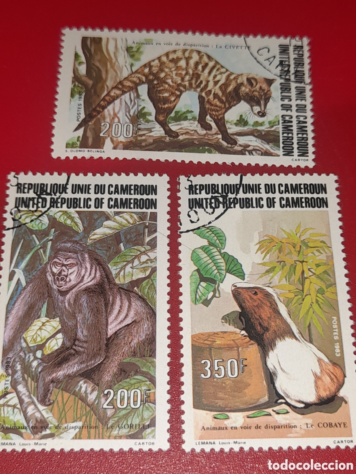 Sellos: Sello Camer&uacute;n mtdo/- bgra 1983. Fauna peligro extincion. Animales salvajes. Cobaya. Gorila. Civeta
