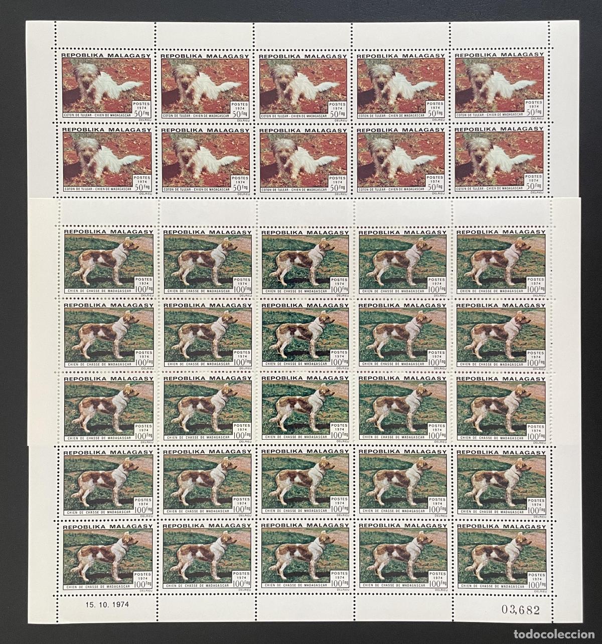 Sellos: Madagascar 1974 YT 547-548 bloque perros Coton de Tulear caza fauna