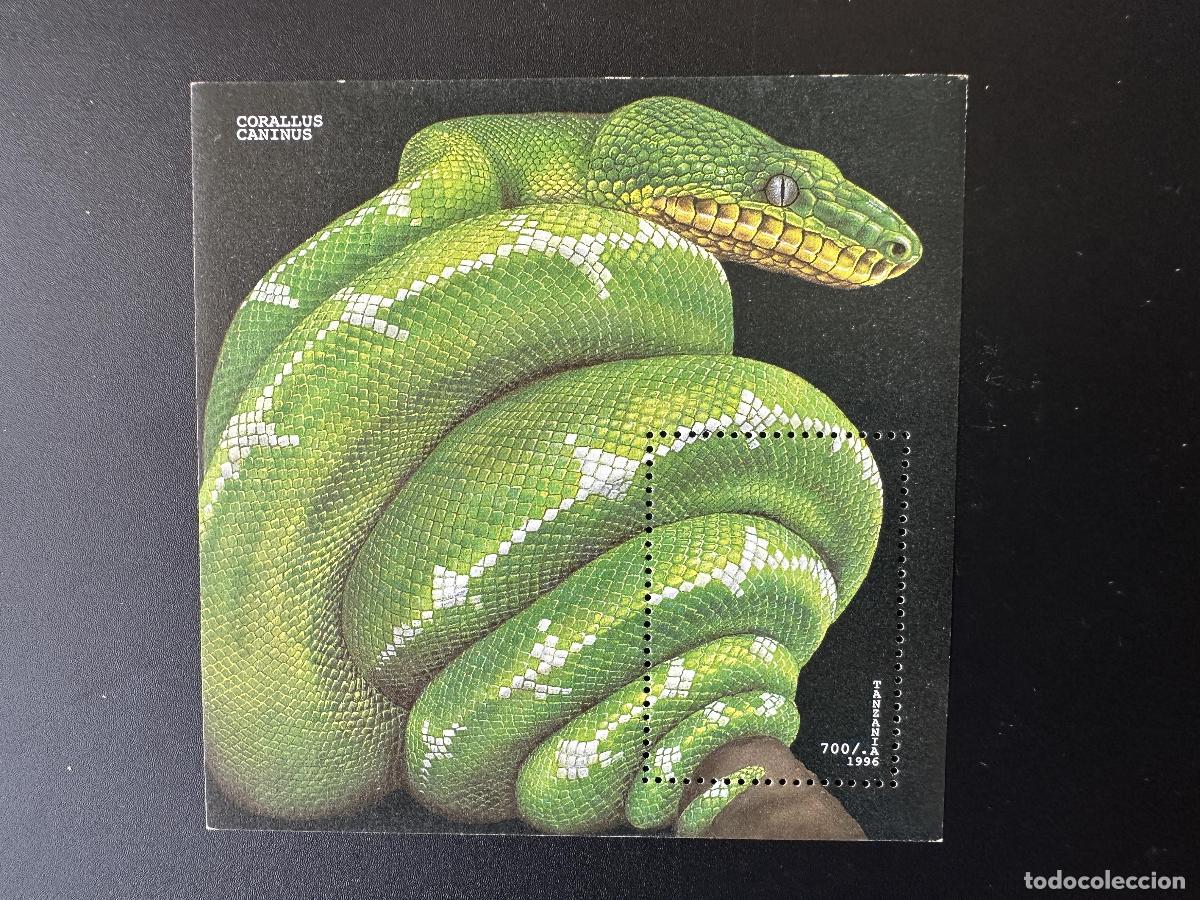 Sellos: Tanzania 1996 Mi. Bl. 323 Serpiente esmeralda Corallus Caninus Pit&oacute;n Reptil verde
