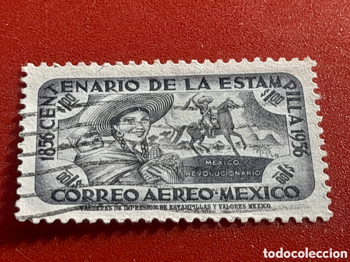 Sellos: Sello (1/6v) Mexic mtdo/udo 1956. 100Aniv sello mexicano. Caballo. Rifle. Mujer. Fauna Mam&iacute;fero Anim