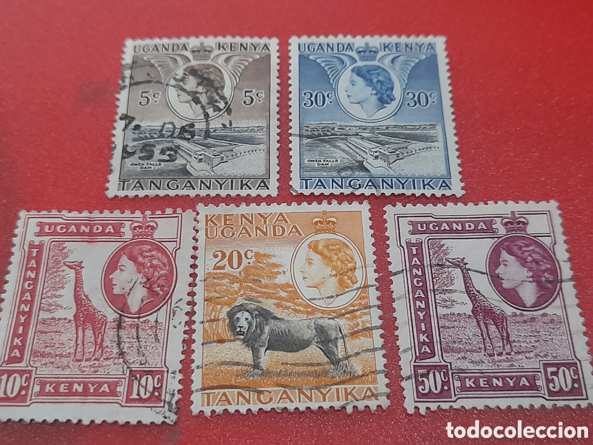 Sellos: Sello (5/7) Kenia - Uganda - Tanganika mtdo 1954. Isabel II. Jirafa. Le&oacute;n. Naturaleza. Fauna.
