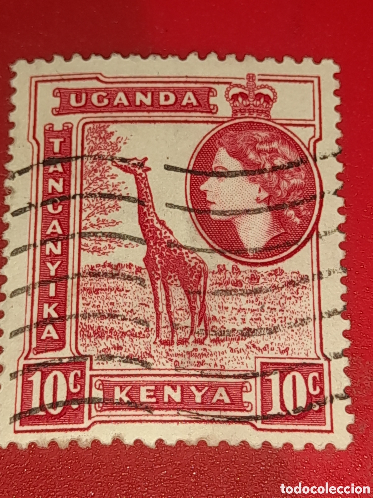 Sellos: Sello (1/7) Kenia - Uganda - Tanganika mtdo 1954. Isabel II. Jirafa. Fauna. Mam&iacute;feros.
