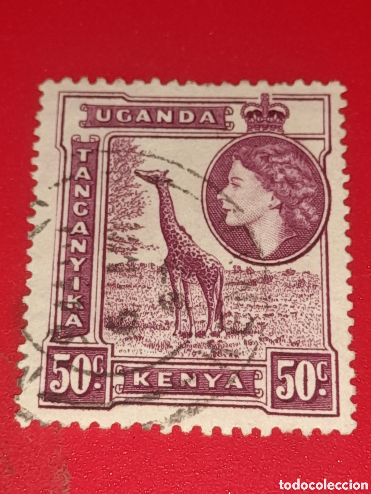 Sellos: Sello (1/7) Kenia - Uganda - Tanganika mtdo 1954. Isabel II. Jirafa. Fauna. Mam&iacute;feros.