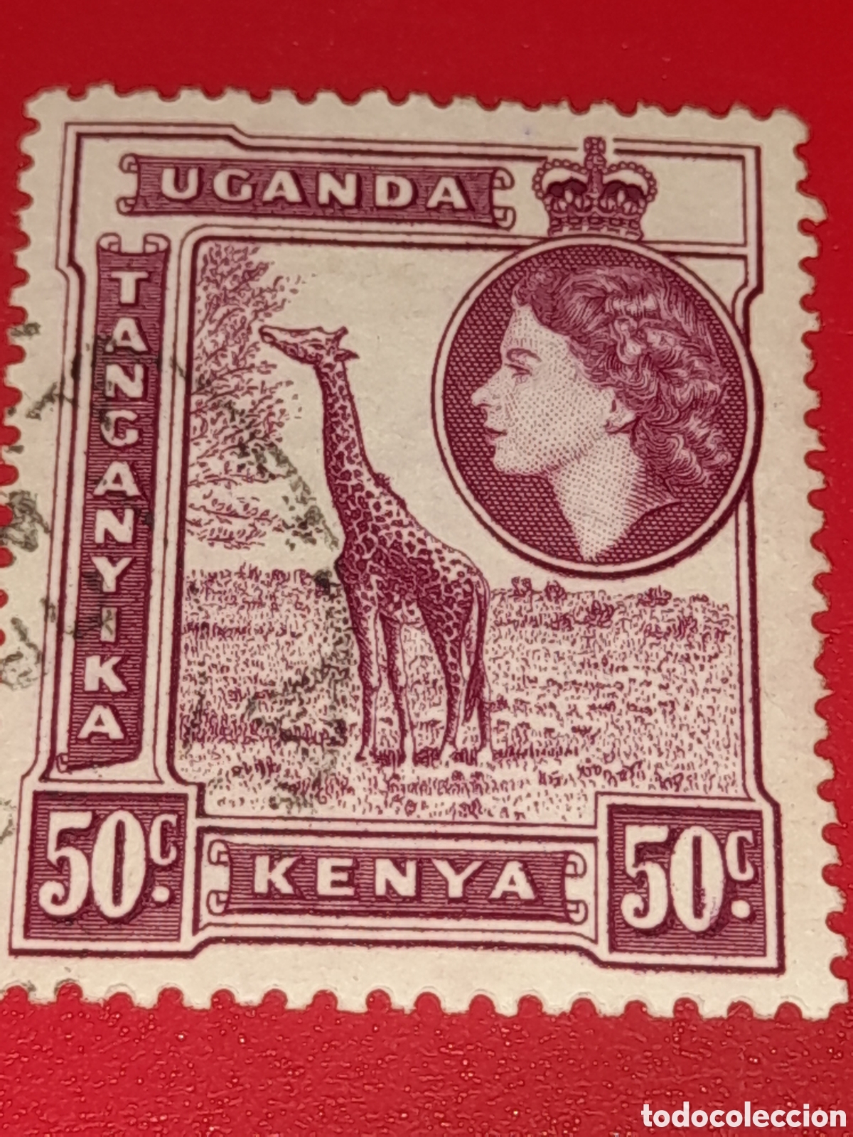 Sellos: Sello (1/7) Kenia - Uganda - Tanganika mtdo 1954. Isabel II. Jirafa. Fauna. Mam&iacute;feros.