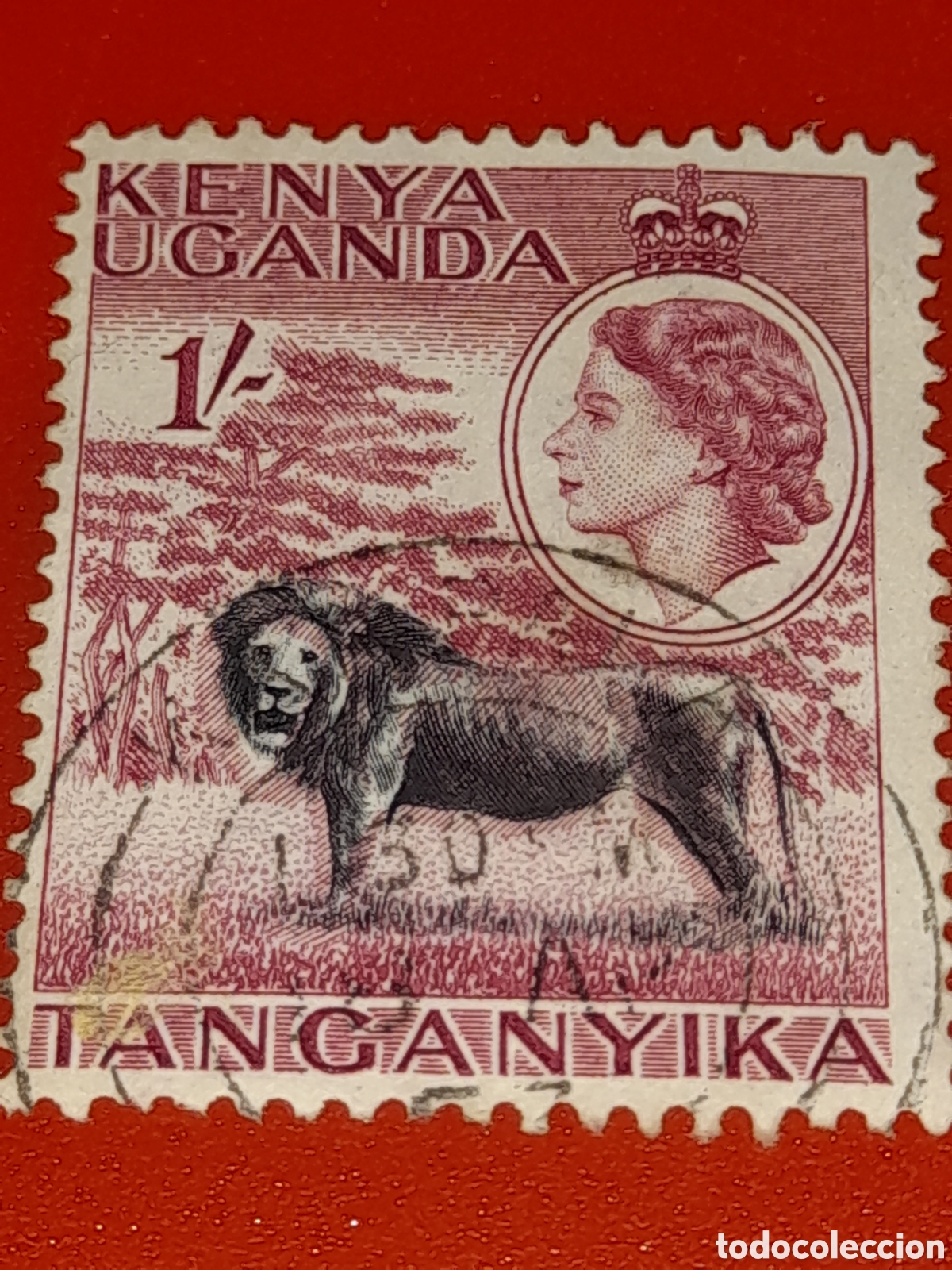 Sellos: Sello (1/7) Kenia - Uganda - Tanganika mtdo 1954. Isabel II. Paisaje. Tigre. Fauna. Mam&iacute;fero. Arbole