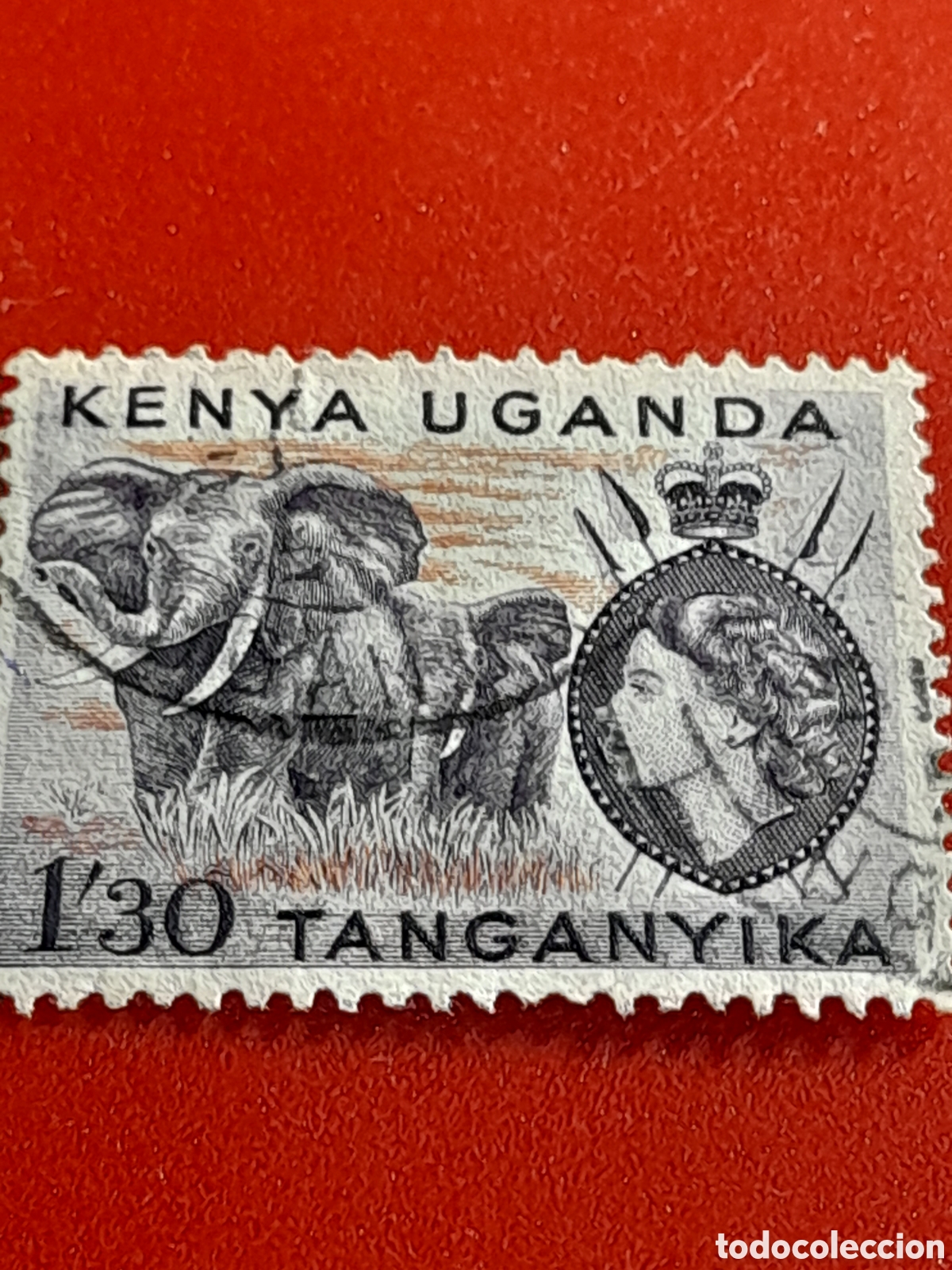 Sellos: Sello (1/7) Kenia - Uganda - Tanganika mtdo 1954. Isabel II. Elefante. Fauna. Mam&iacute;feros. Sabana.