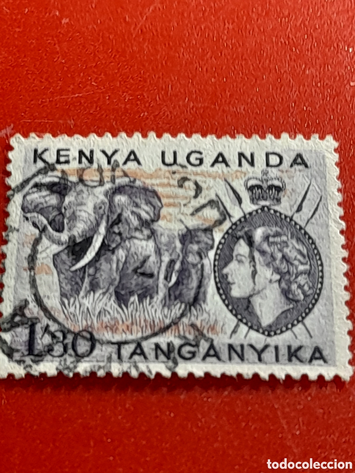 Sellos: Sello (1/7) Kenia - Uganda - Tanganika mtdo 1954. Isabel II. Elefante. Fauna. Mam&iacute;feros. Sabana.