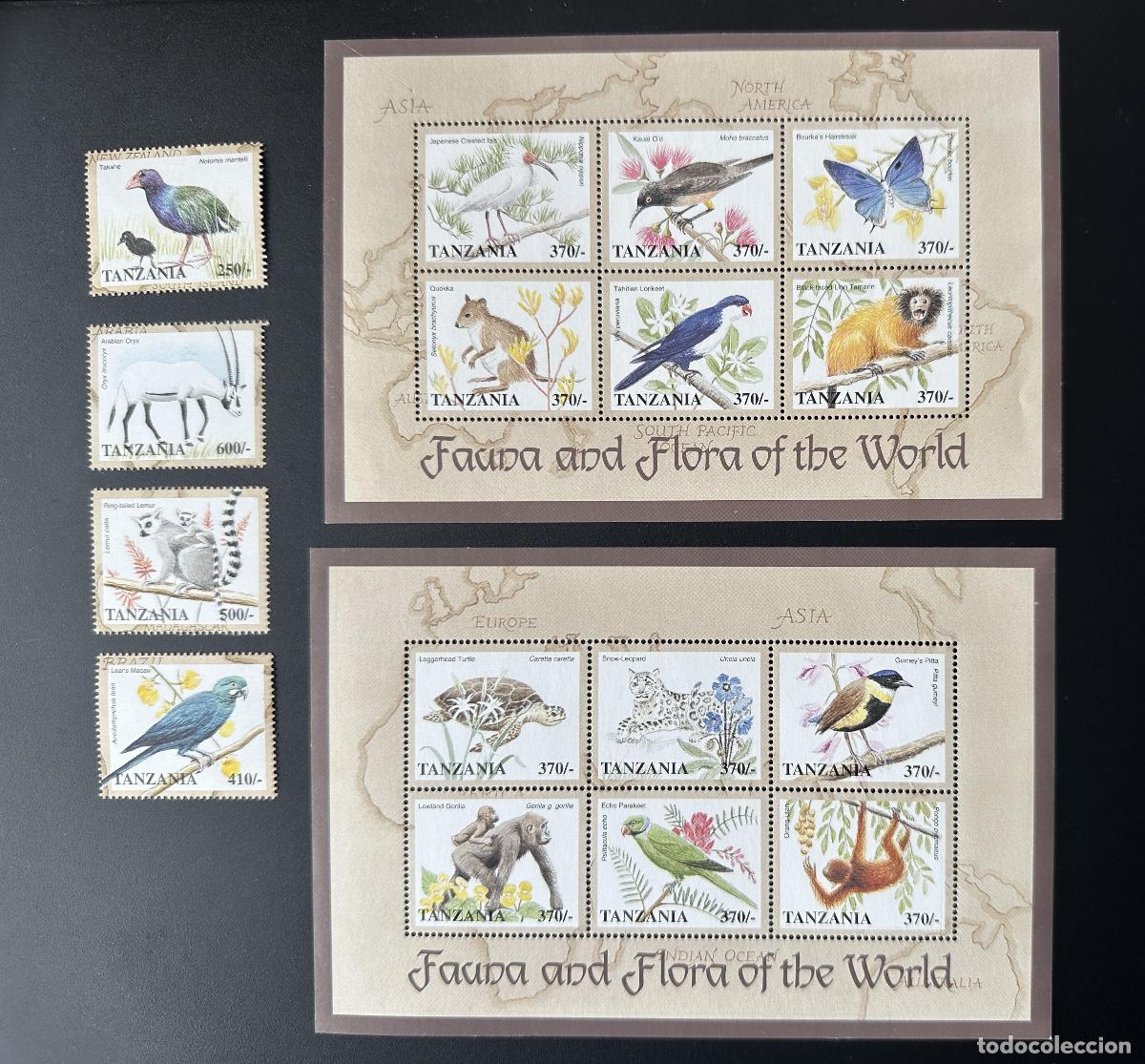Sellos: Tanzania 1998 Mi. Bl. 2979 - 2994 Fauna Flora Animales P&aacute;jaros Mariposa Loro