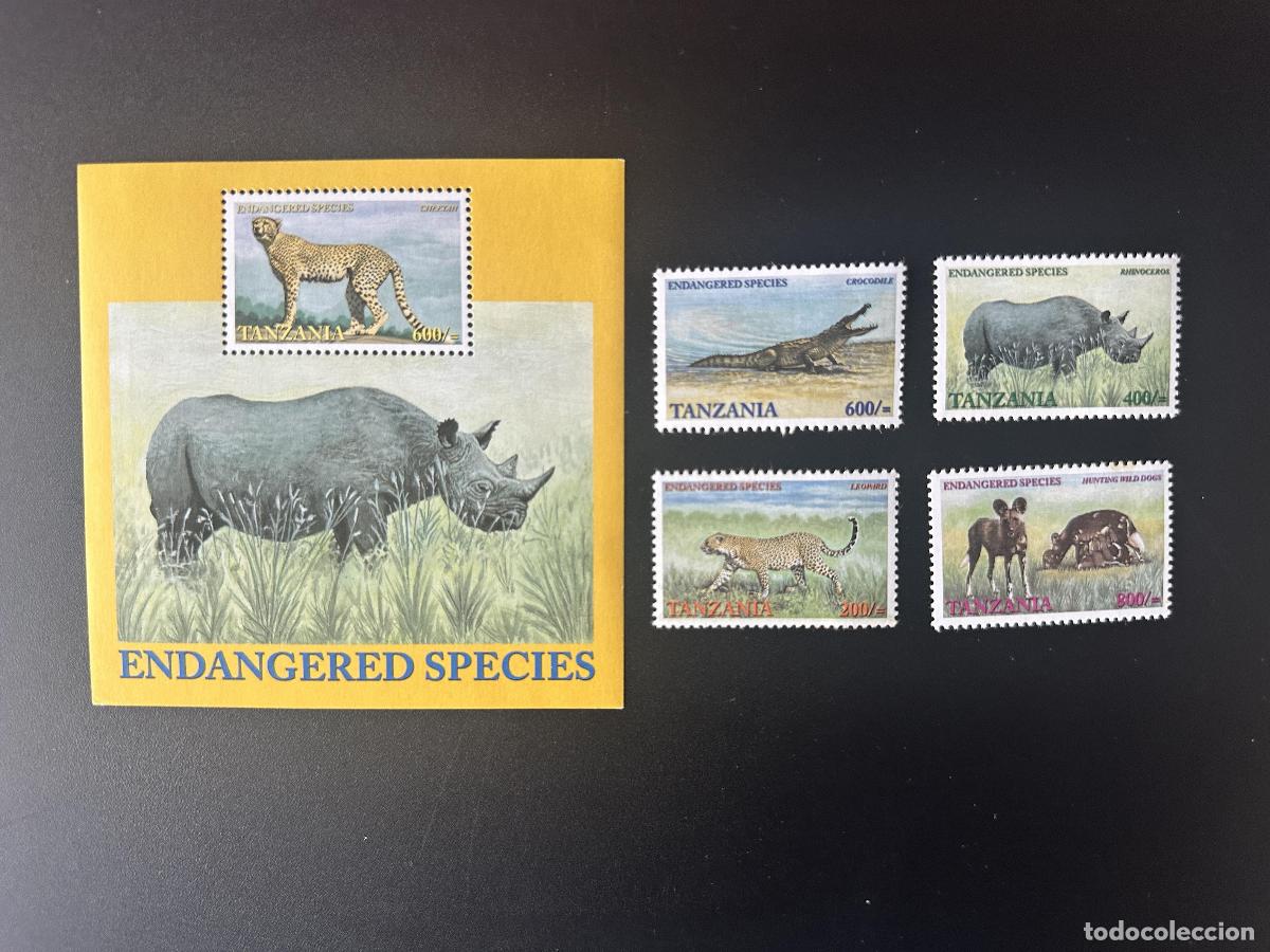 Sellos: Tanzania 2001 Mi. 4022 - 4025 Bl. 530 Especies en peligro de extinci&oacute;n Leopardo rinoceronte