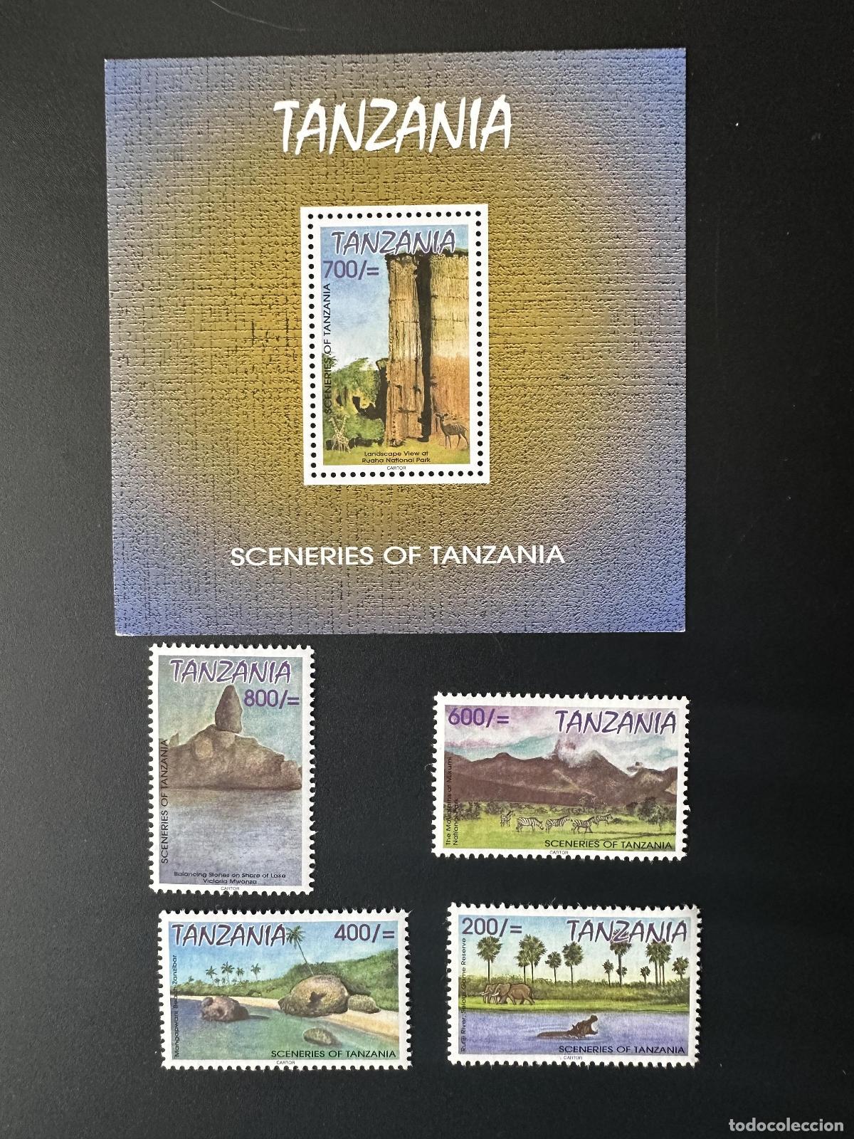 Sellos: Tanzania 2001 Mi. 4046-4049 Bl. 535 Paisajes Monta&ntilde;as Lagos Parques Animales Vida silvestre