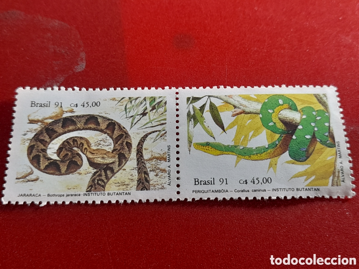 Sellos: Sello (2/4v) Brasil nuevo 1991. Instituto Butantan. Museo. Natiraleza. Reptiles. Serpiente. Cobra. C