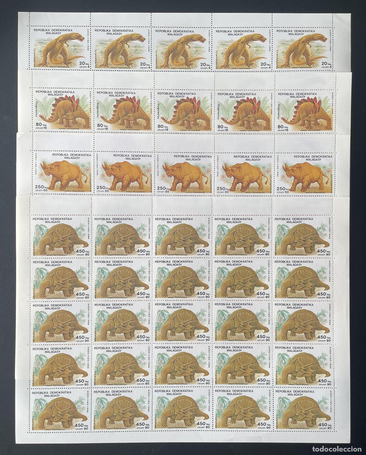 Sellos: Madagascar 1989 YT 896-899 bloque dinosaurios animales prehist&oacute;ricos T-Rex