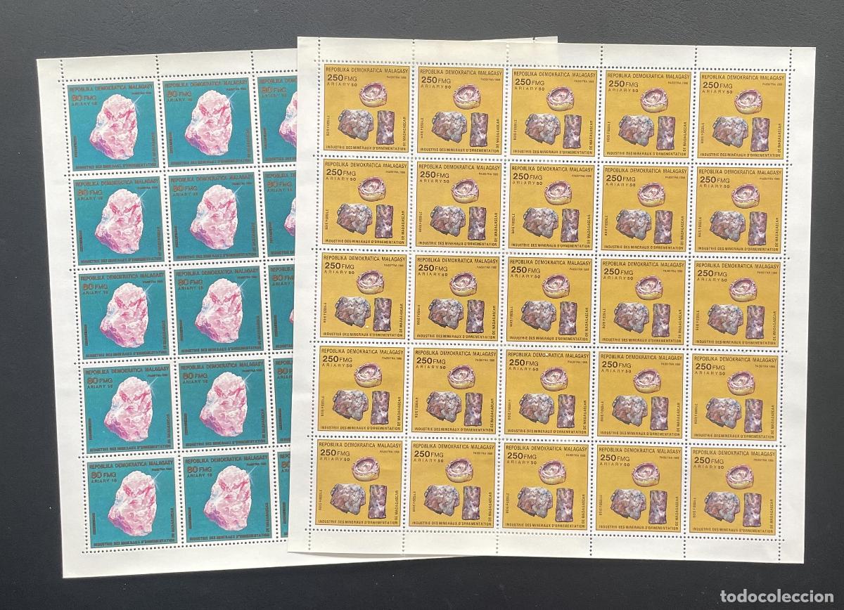 Sellos: Madagascar 1989 YT 910 911 bloque minerales madera f&oacute;sil ornamentaci&oacute;n