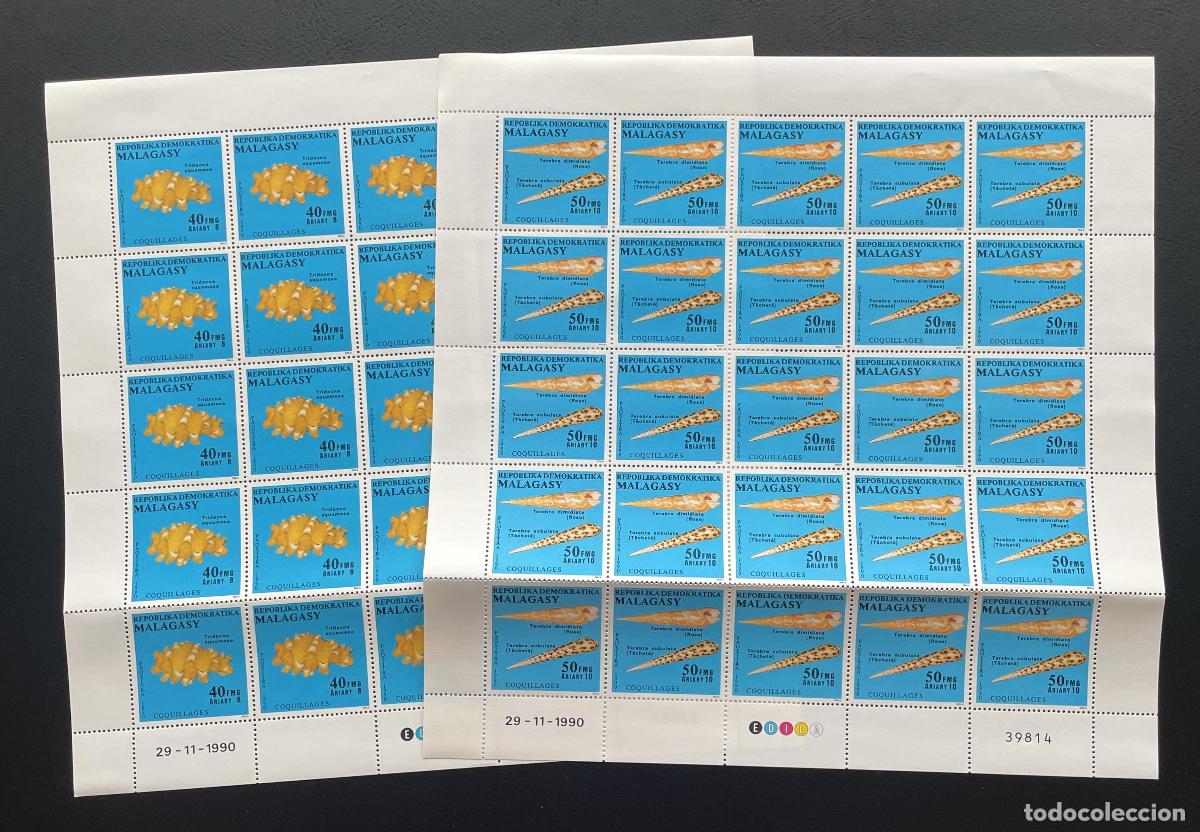 Sellos: Madagascar 1990 YT 983 984 bloque moluscos Tridacna Terebra fauna