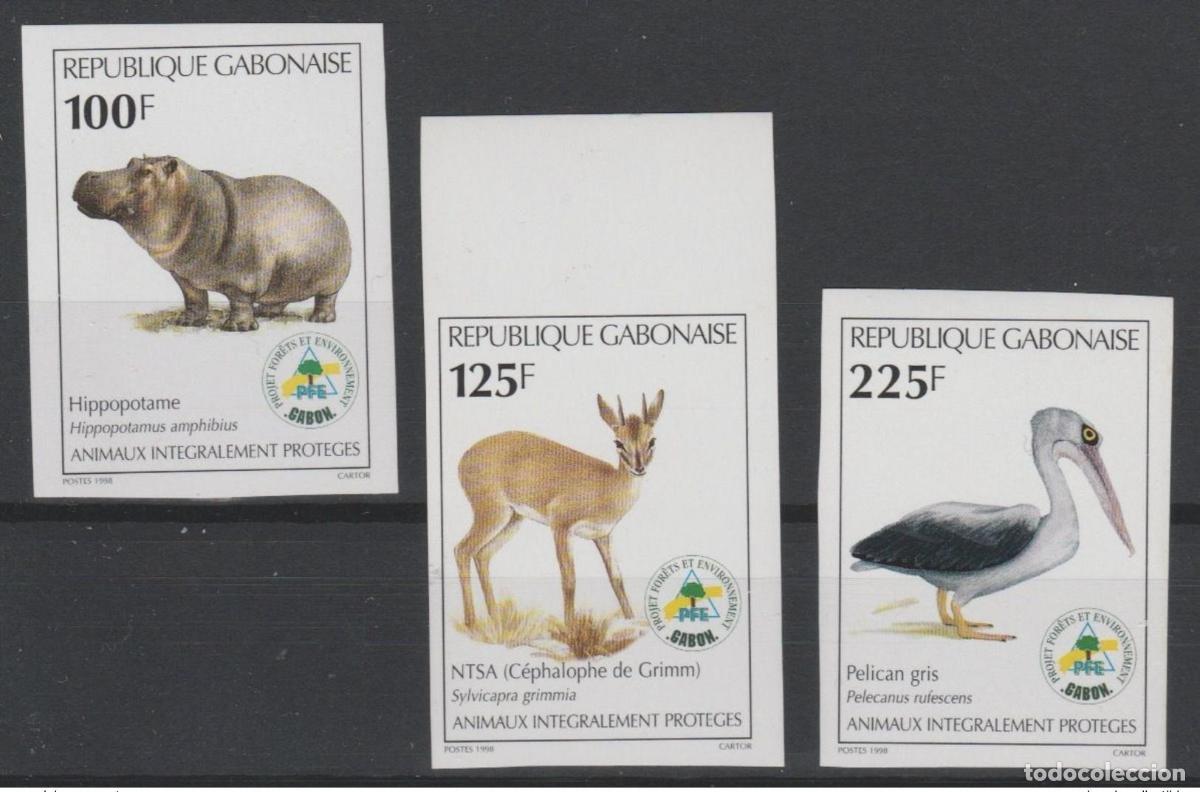 Sellos: Gab&oacute;n 1998 ND Mi. 1403 - 1405 Animales protegidos Fauna Hipop&oacute;tamo Pel&iacute;cano P&aacute;jaro