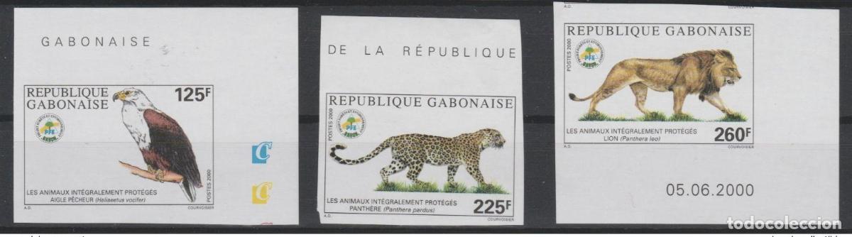 Sellos: Gab&oacute;n 2000 ND Mi. 1494 - 1496 Animales protegidos Vida silvestre &Aacute;guila P&aacute;jaro Pantera Le&oacute;n