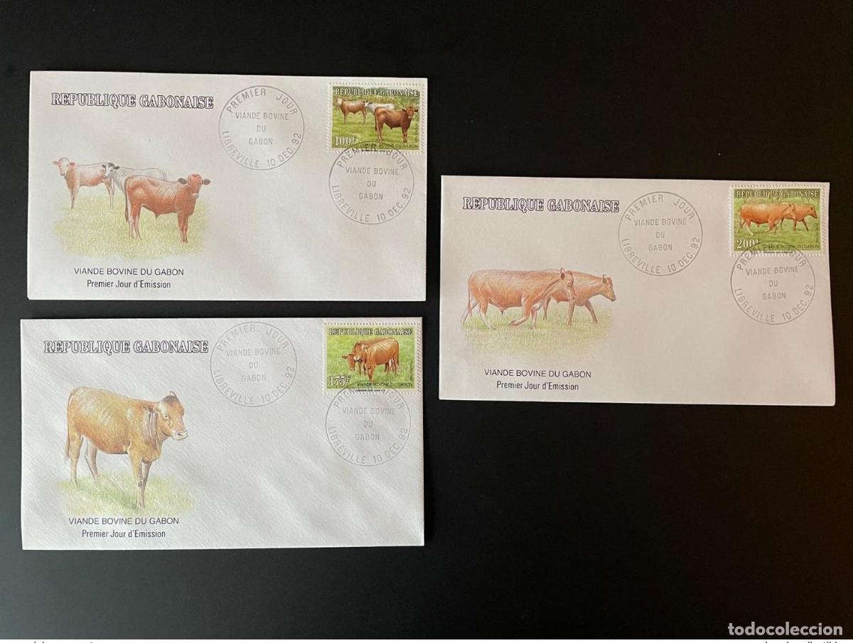 Sellos: Gab&oacute;n 1992 Mi. 1133 - 1135 FDC Primer d&iacute;a de cobertura Carne ternera vaca Kuh