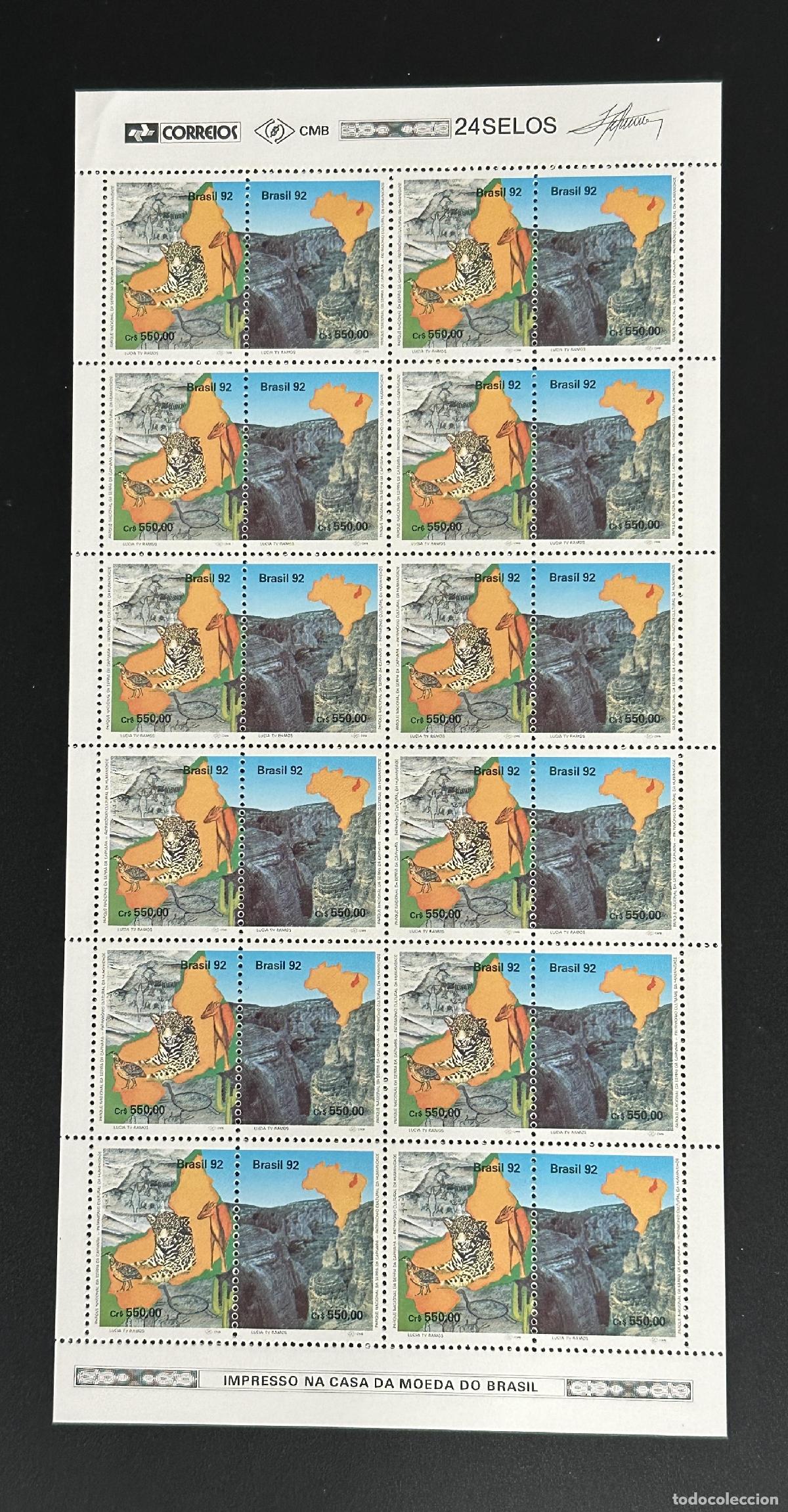 Sellos: Brasil 1992 Mi. 2489 - 2490 tabl&oacute;n jaguar caatinga fauna flora cactus capivara