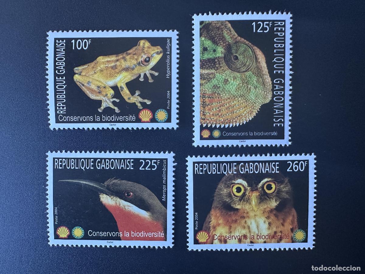 Sellos: Gab&oacute;n 2004 Mi. 1673 - 1676 Conservemos la biodiversidad Vida silvestre Reptil P&aacute;jaro B&uacute;ho