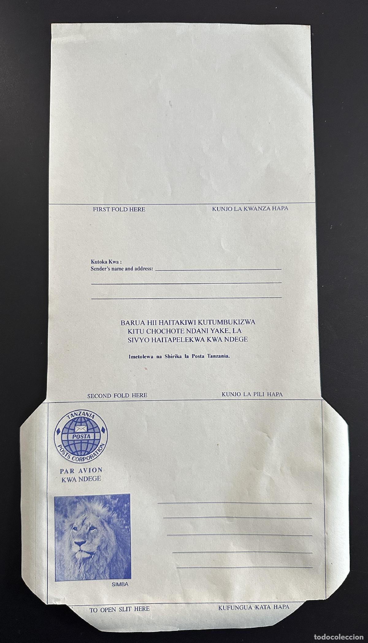 Sellos: Tanzania Aerogram Air Letter Papeler&iacute;a Completo Postal Lion Wildlife Fauna L&ouml;we