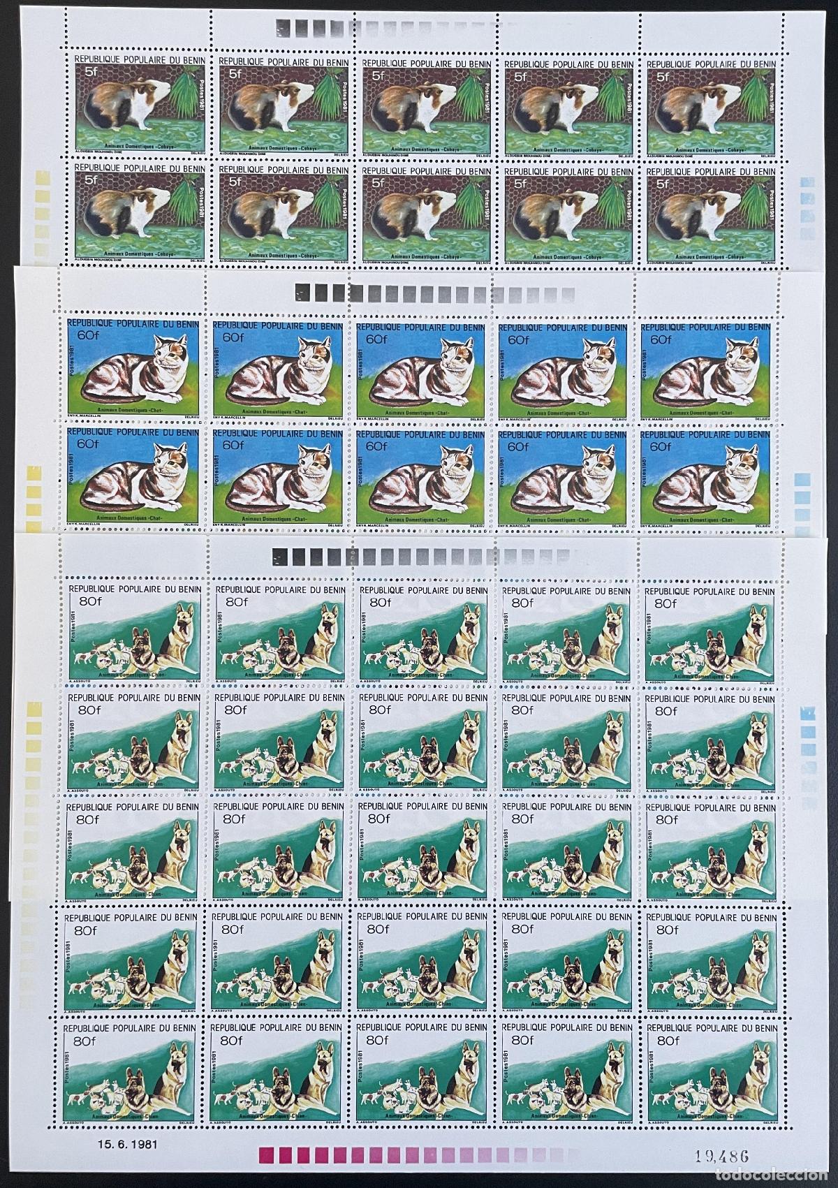 Sellos: Benin 1981 YT 529-531 tablero animales dom&eacute;sticos perros gatos conejillos de indias pedos