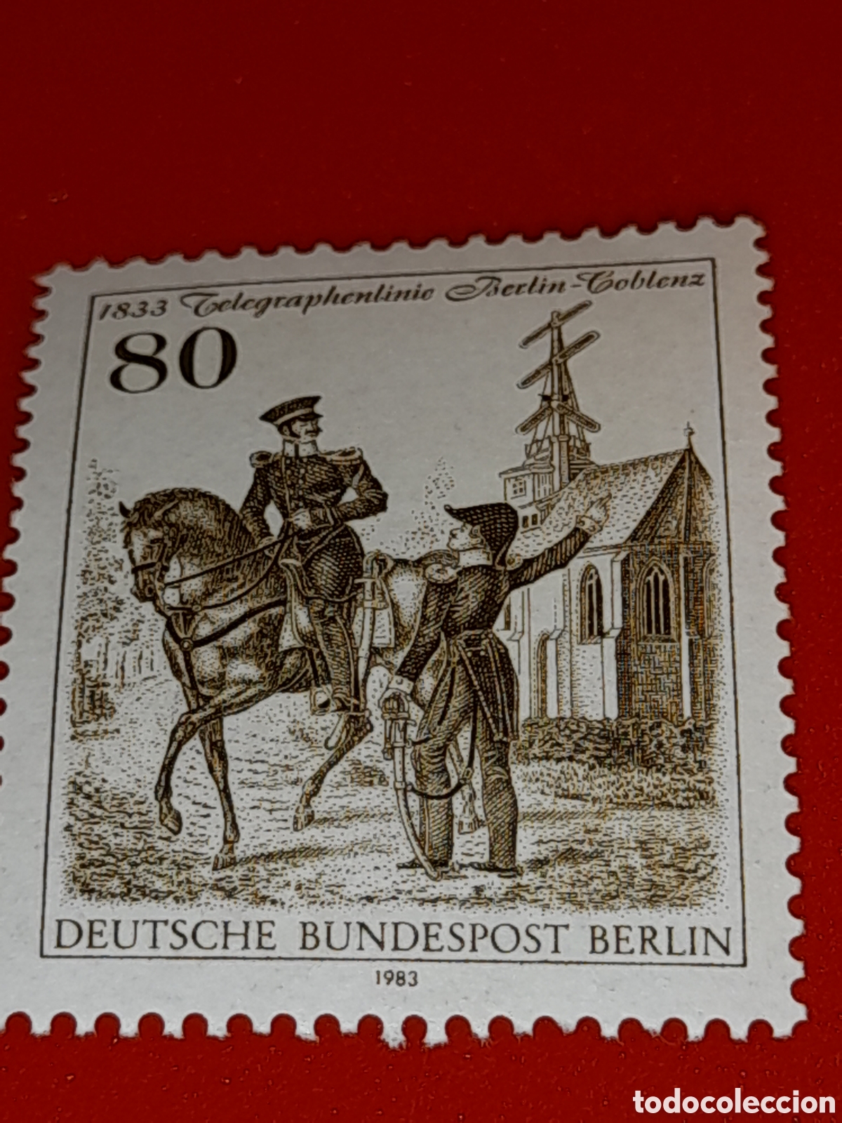 Sellos: Sello Alemania. Berlin nuevo 1983. 150Aniv linea telegrafo. Caballo. Fauna. Cartero. Uniforme. Aldea