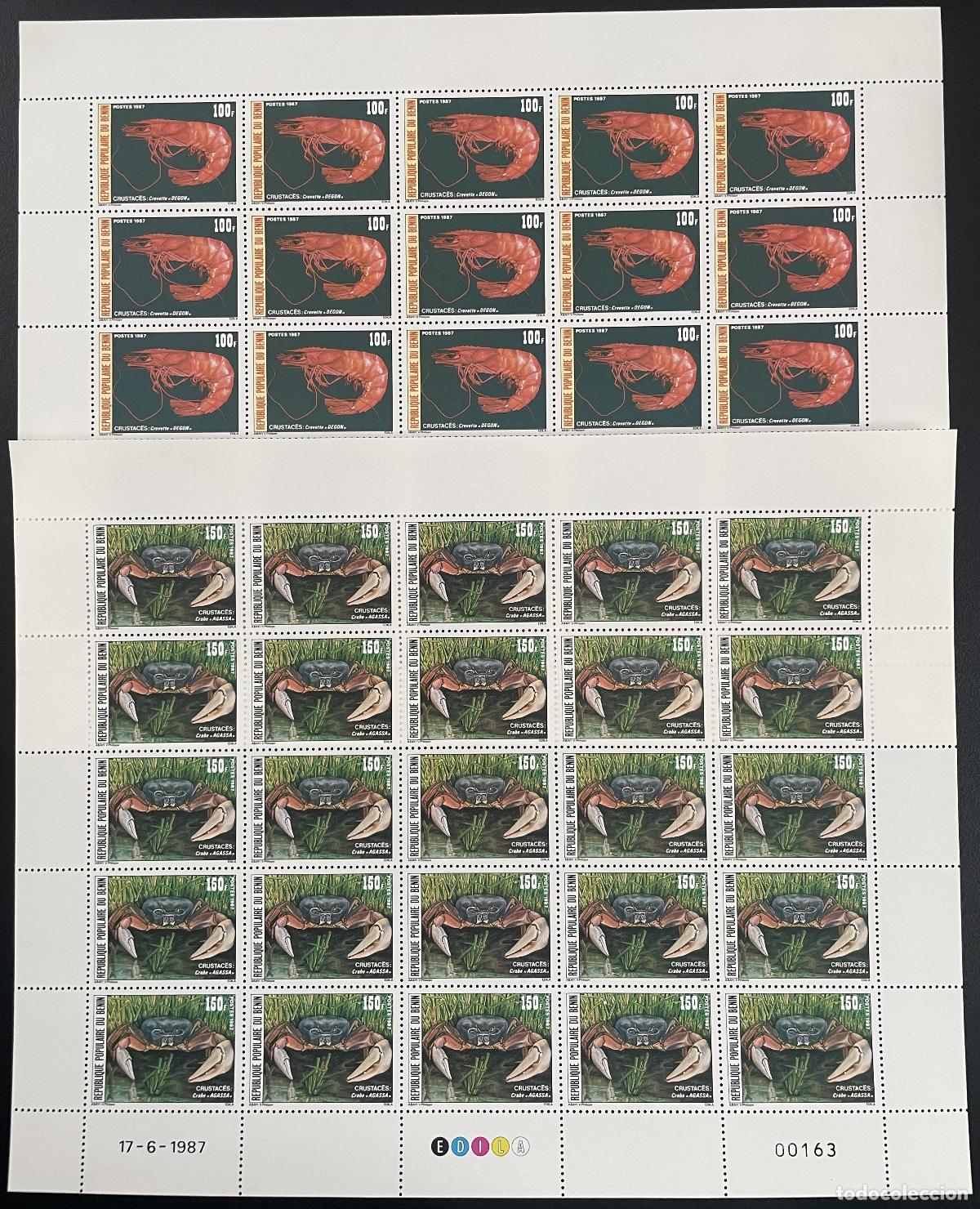 Sellos: Benin 1987 YT 653-654 a bordo Crust&aacute;ceos Camarones Cangrejos Fauna marina