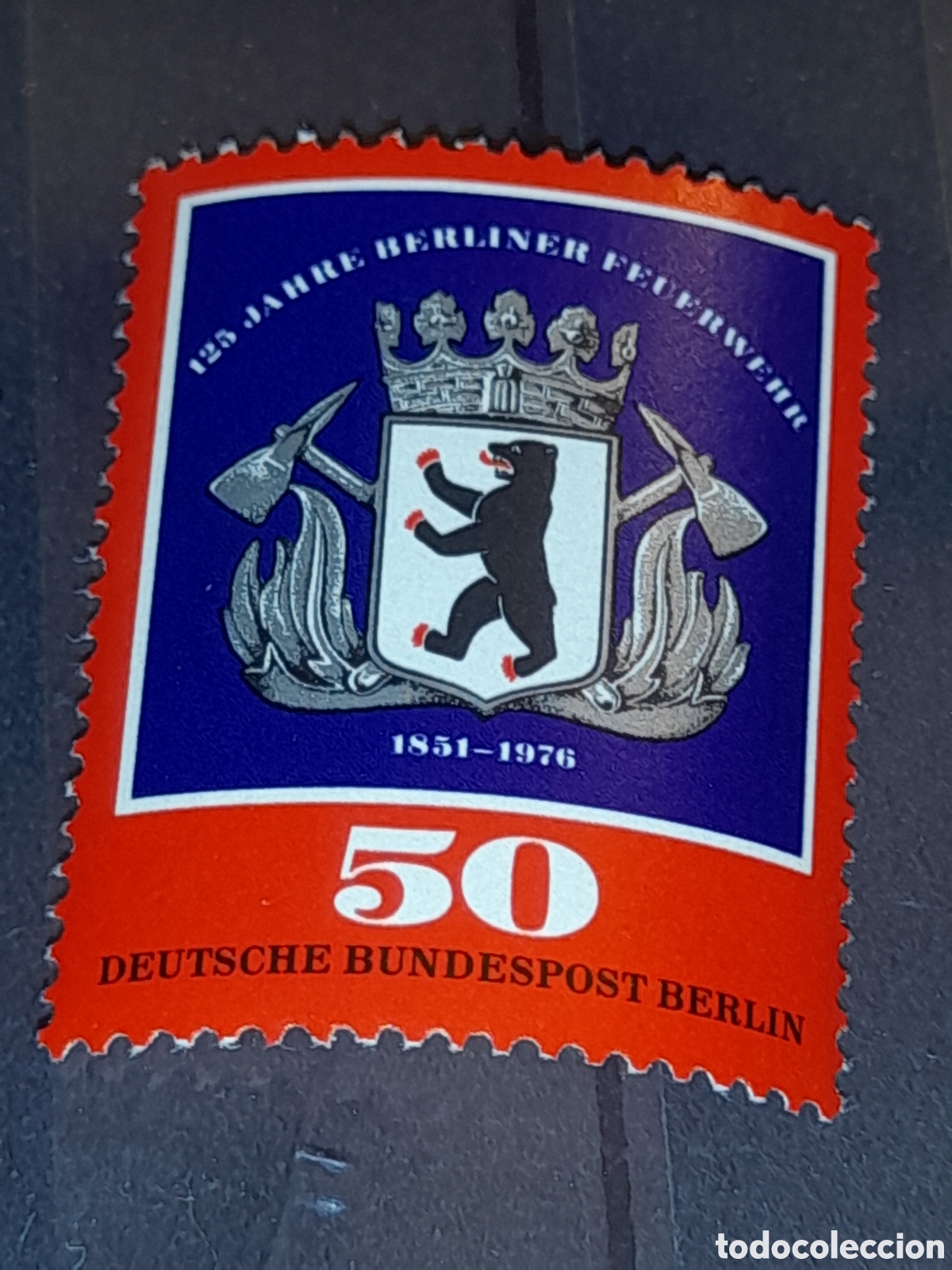 Sellos: Sello Alemania, Berlin nuevo 1976. 125Aniv departamento bomberos. Leon. Animal. Hacha. Escudo armas