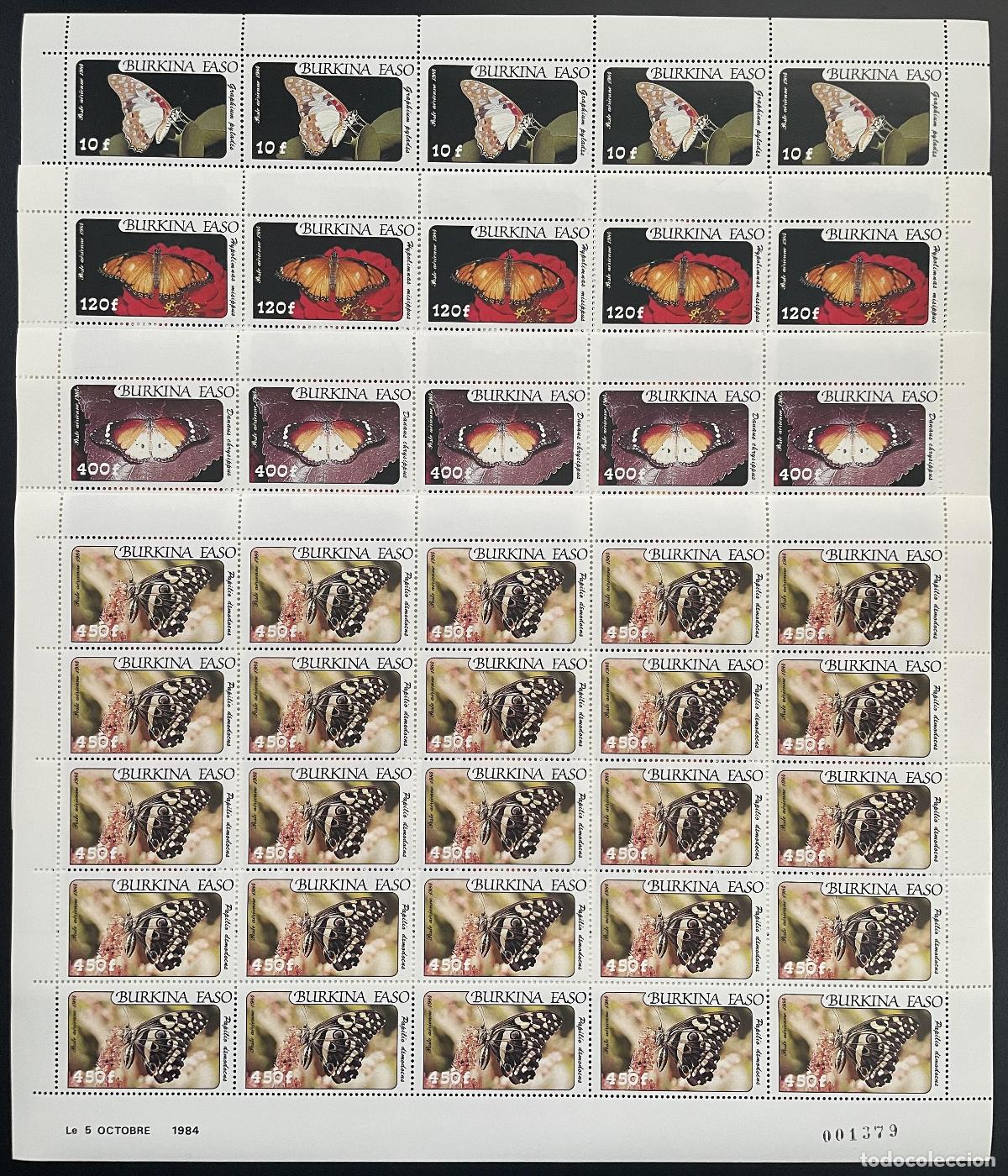 Sellos: Burkina Faso 1984 YT PA 272-275 tabl&oacute;n mariposas lepid&oacute;pteros insectos fauna silvestre