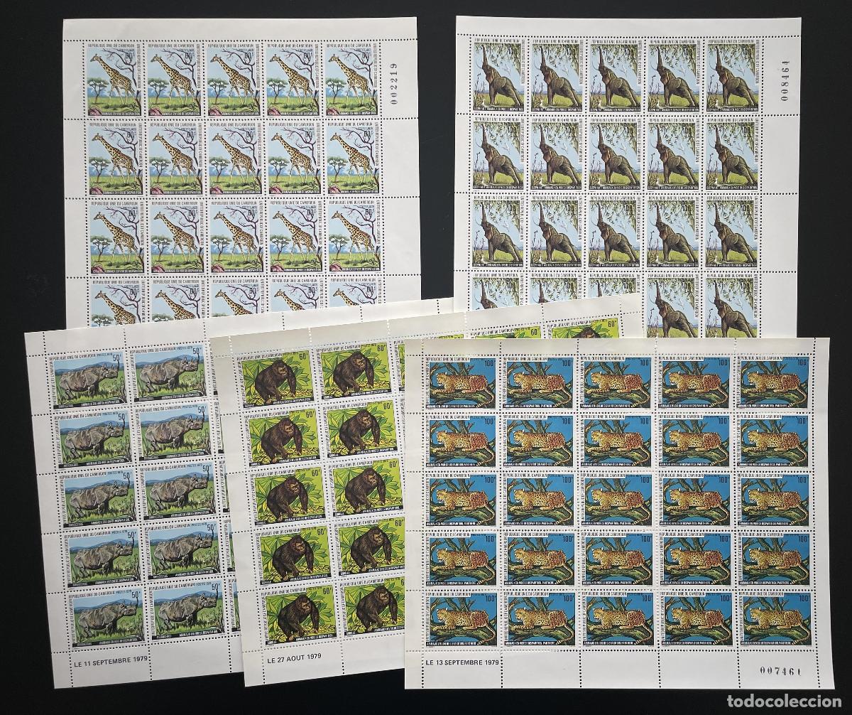 Sellos: Camer&uacute;n 1979 YT 634-638 tabl&oacute;n animales jirafa elefante rinoceronte gorila