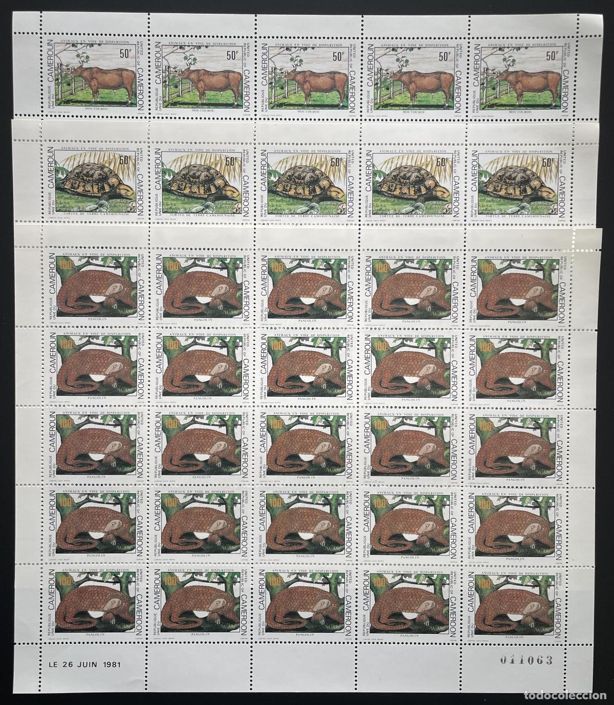 Sellos: Camer&uacute;n 1981 YT 671-673 tabl&oacute;n animales silvestres vaca tortuga pangol&iacute;n naturaleza