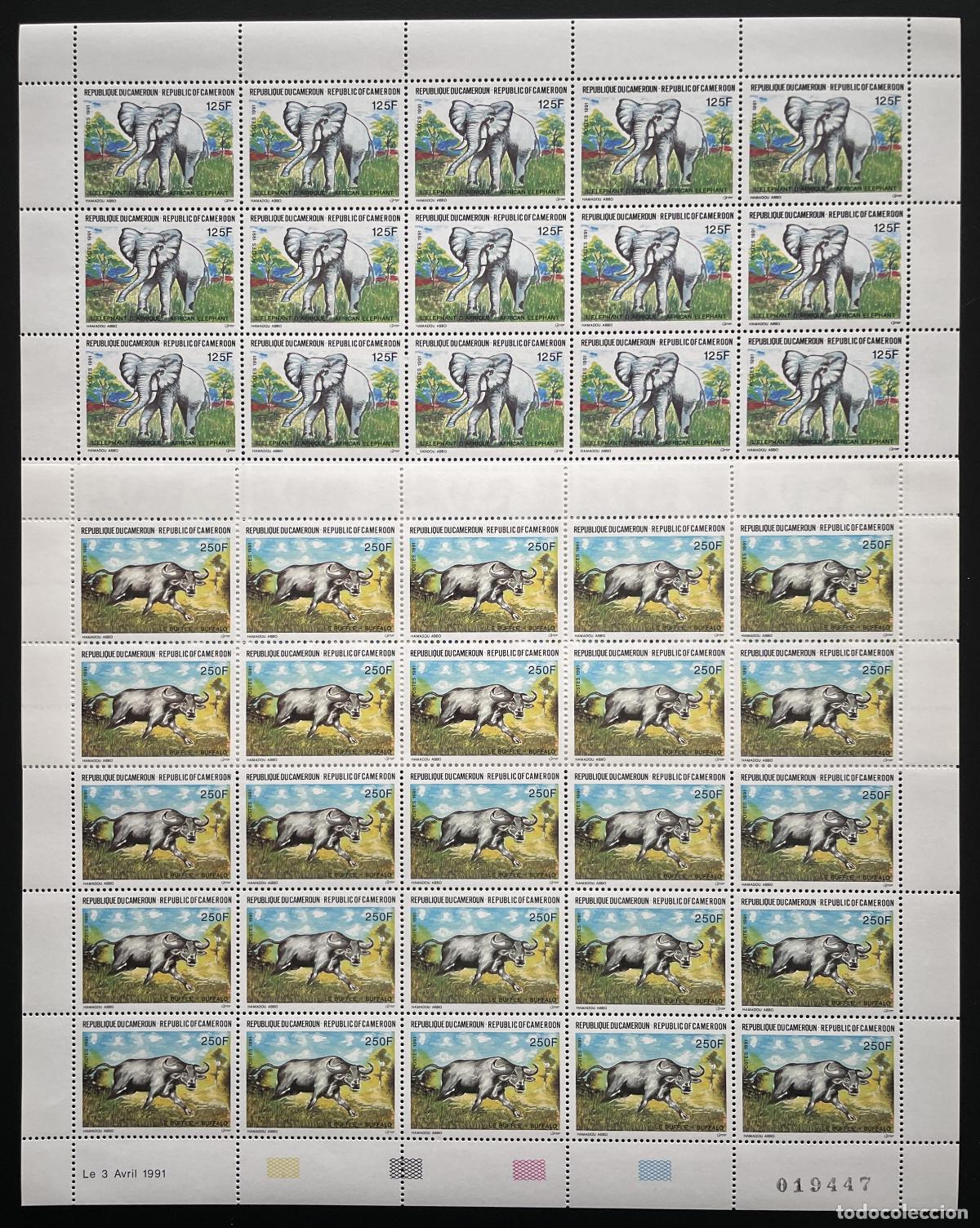 Sellos: Camer&uacute;n 1991 YT 843-844 tabl&oacute;n elefante b&uacute;falo Fauna africana