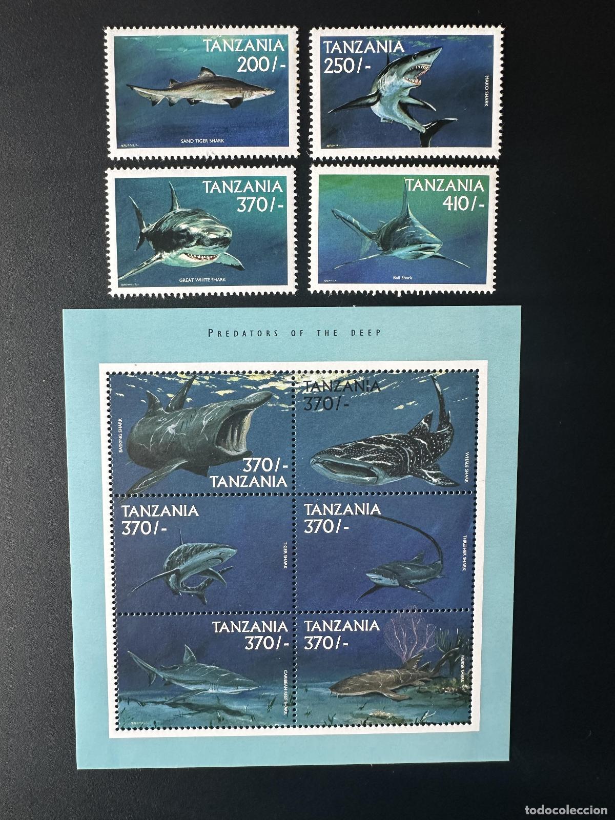 Sellos: Tanzania 1999 Mi. No. 3805 - 3808 Tiburones tigre de arena grandes toro blanco
