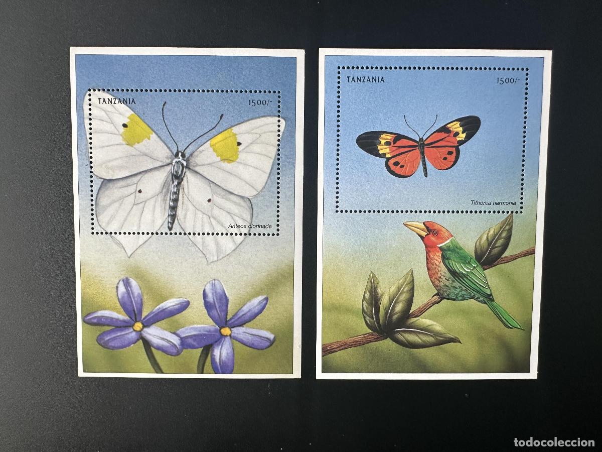 Sellos: Tanzania 1999 Mi. Bl. 514 - 515 Mariposas flores p&aacute;jaros vida silvestre insectos naturaleza