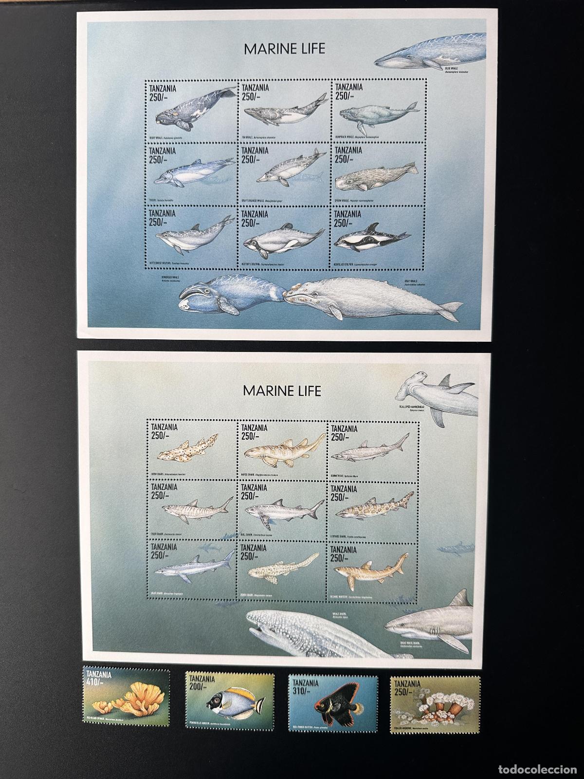 Sellos: Tanzania 1999 Mi. Bl. 3162 - 3183 Vida marina Fauna silvestre Cet&aacute;ceos Delfines Tiburones