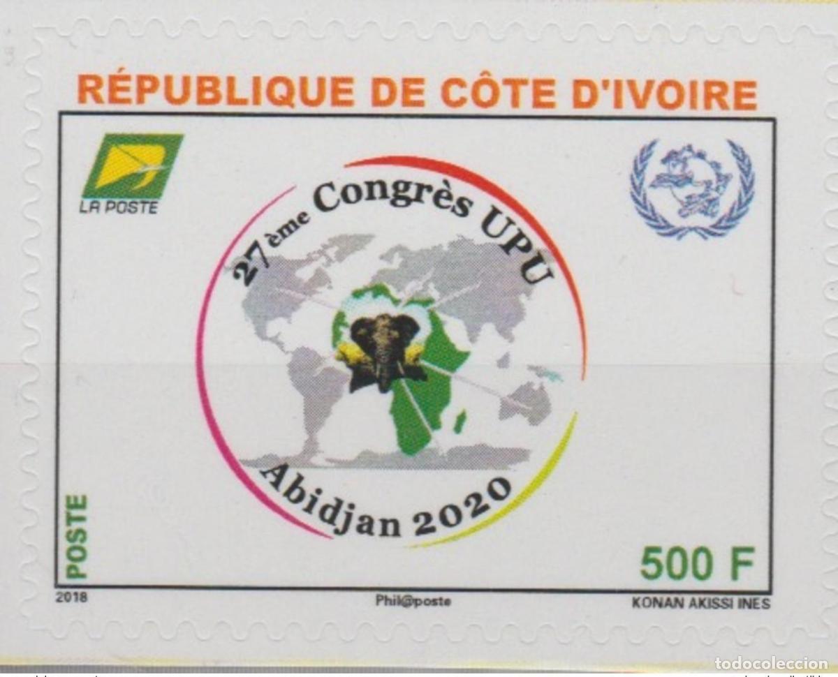 Sellos: Costa de Marfil 2018 adhesivo skl. 27&ordm; Congreso la UPU Uni&oacute;n Postal Mapa Elefante