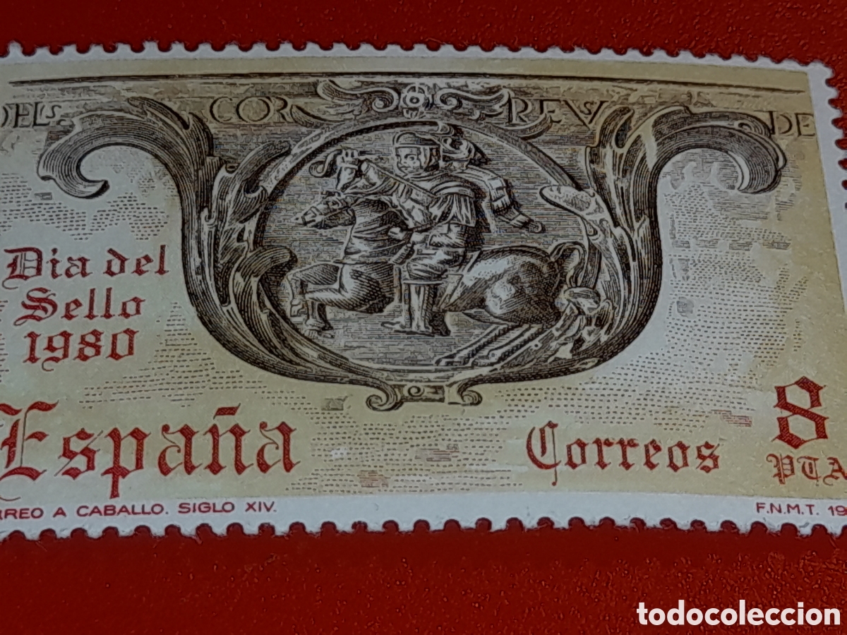Sellos: Sello Espa&ntilde;a nuevo 1980. D&iacute;a del sello. Correo a caballa. Mam&iacute;fero. Cartero. Uniforme.
