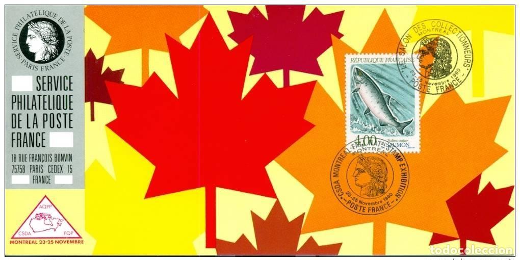 Sellos: 072 Exposici&oacute;n oficial de mapas Montreal 1990 Francia FDC Fish Salmon Maple