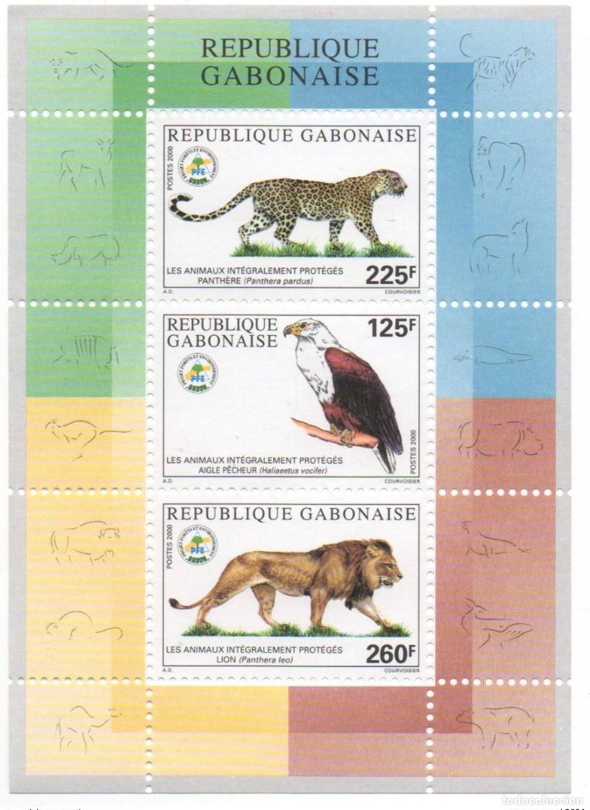 Sellos: Gab&oacute;n: Bloque 2000: Animales protegidos vida silvestre pantera rapaces aves le&oacute;n