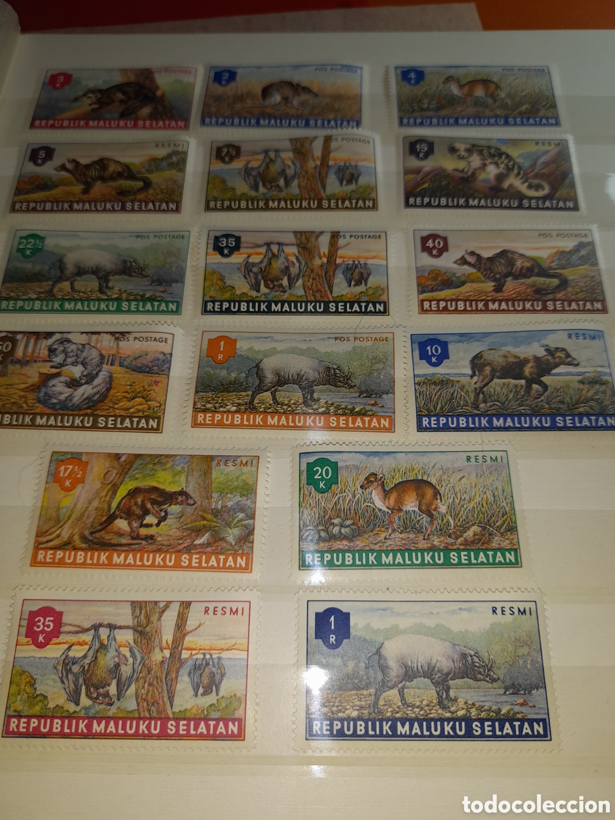 Sellos: Sello (16/18v) Molucas nuevo 1953. Fauna. Aniamles salvajes. Murci&eacute;lago. Aves. Loris. Cineta. No UPU