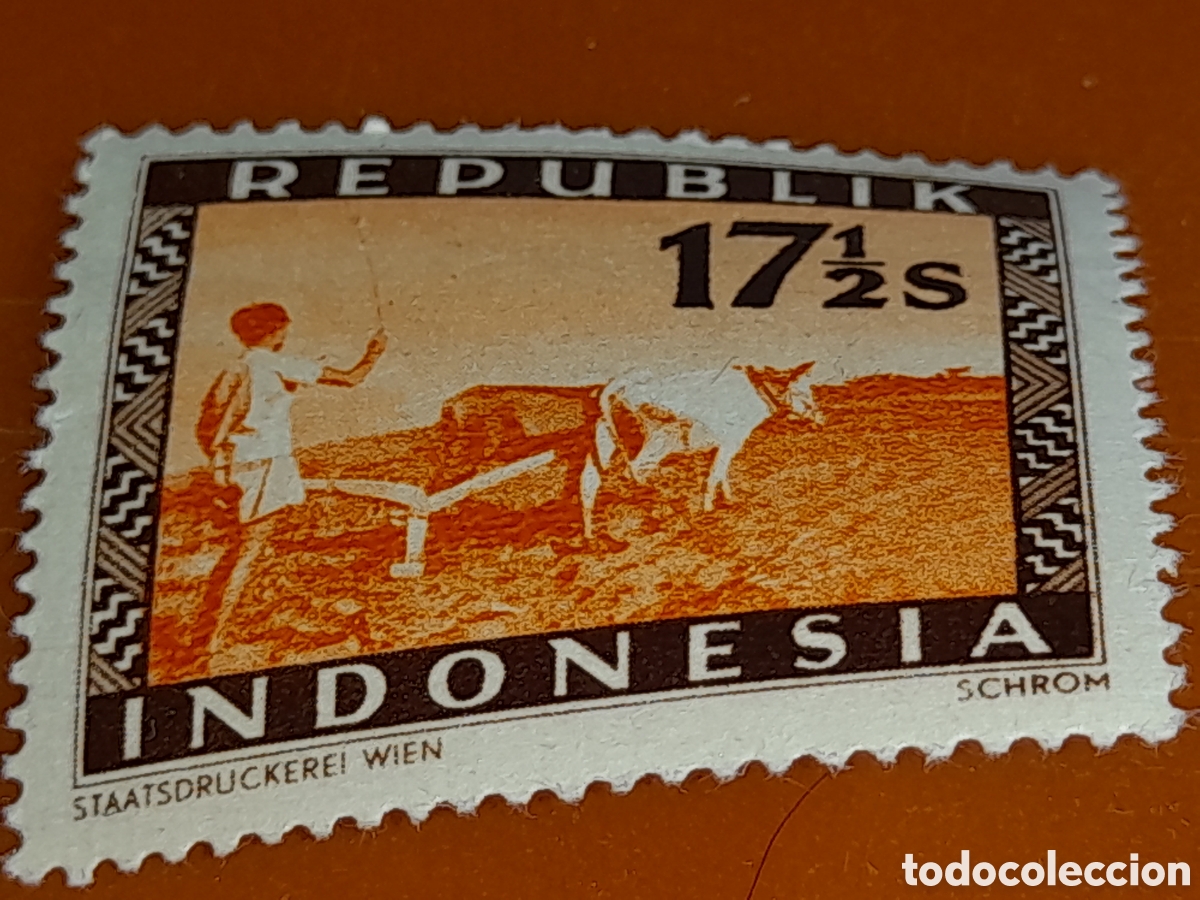 Sellos: Sello (1/24v) Indonesia nuevo 1948-1949. Rep&uacute;blik. Campo. B&uacute;falo. Fauna dom&eacute;stica. Agricultura Campe