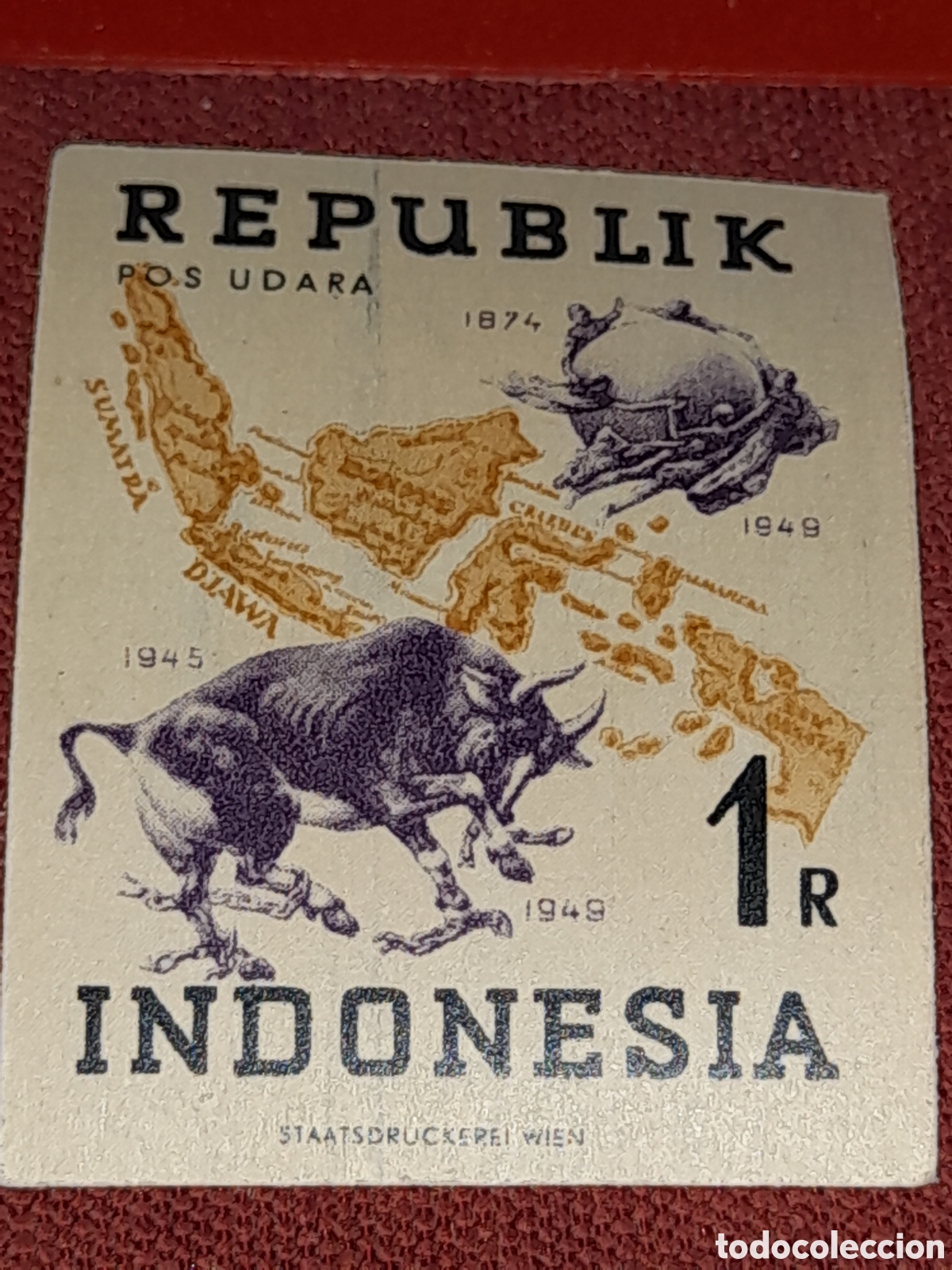 Sellos: Sello Indonesia nuevo 1949. 75Aniv Uni&oacute;n Postal Universal. Cartograf&iacute;a. B&uacute;falo. Fauna. Mapa islas.